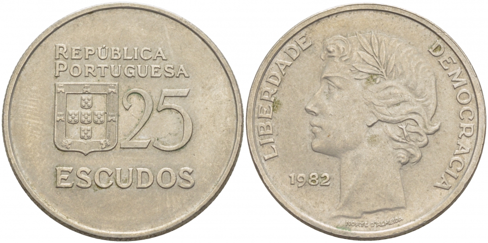 Португалия 25 эскудо 1982 KM 607а медно-никель 87-711