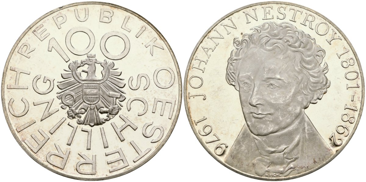 Австрия 100 шиллингов 1976 175 лет со дня рождения Иоганна Нестрои? KM 2932 серебро PROOF 02-118-32