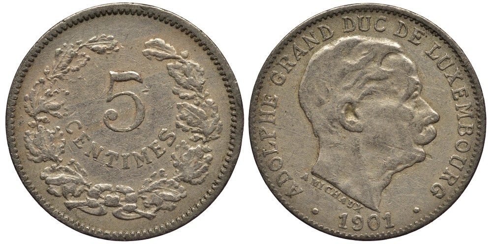 Люксембург 5 сантимов 1901 герцог Адольф (1890-1905) KM 24 медно-никель 4528-268