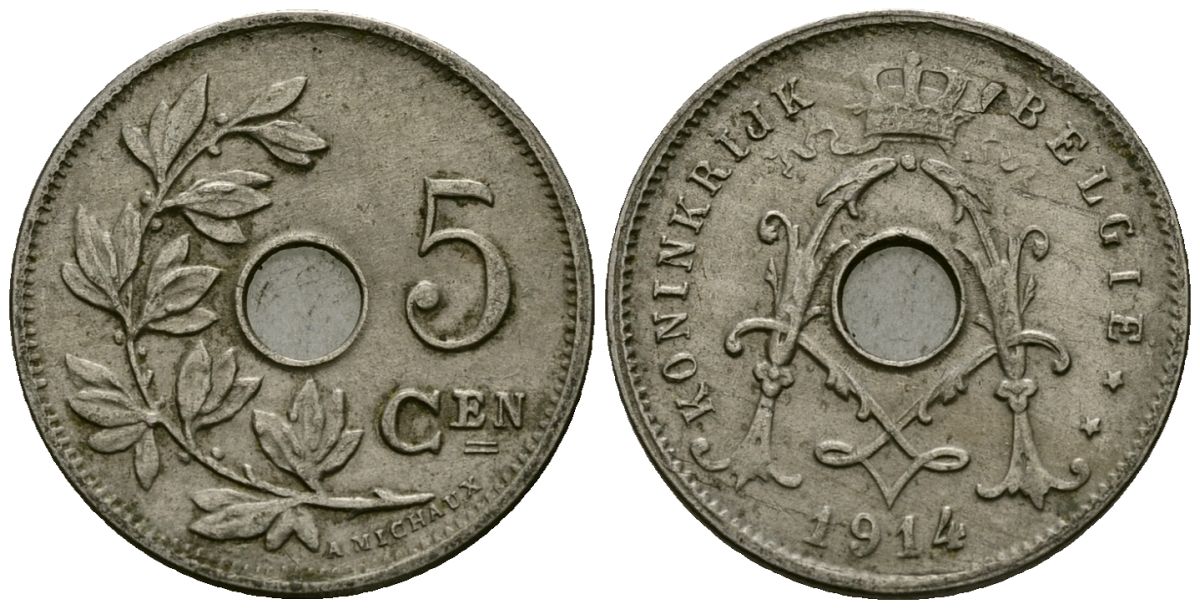 Бельгия 5 сантимов 1914 Belgie KM 67 медно-никель 4173-212