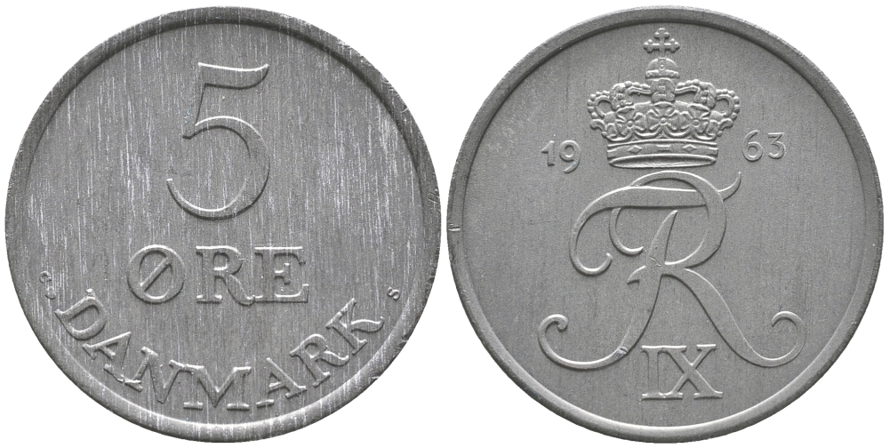 ДАНИЯ 5 ЭРЕ 1963 C; S, ФРЕДЕРИК IX (1947-1972) KM 843.2 цинк UNC 32-533