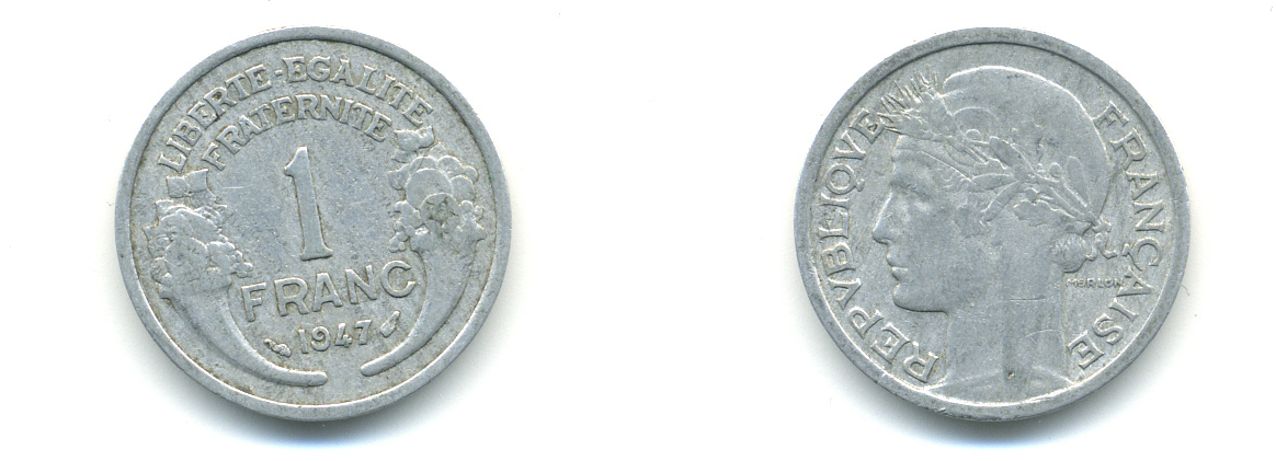 ФРАНЦИЯ 1 ФРАНК 1947 KM 885a.2 алюминий 76-754