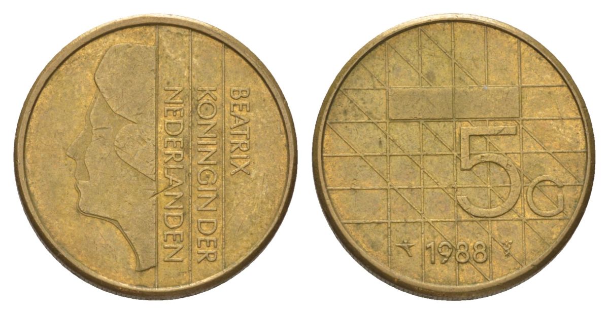 Нидерланды 5 гульденов 1988 Беатрикс (1980-2013) KM 210 никель плакированная бронзой 4628-853