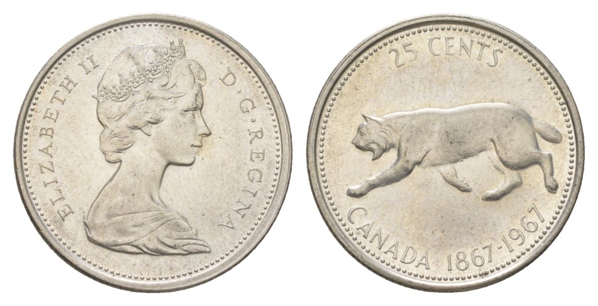 Канада 25 центов 1967 пума, 100 лет Конфедерации Канада, Ссеребро 0.800, вес 5,83 гр, диаметр 23,88 мм KM 67 серебро 4622-925