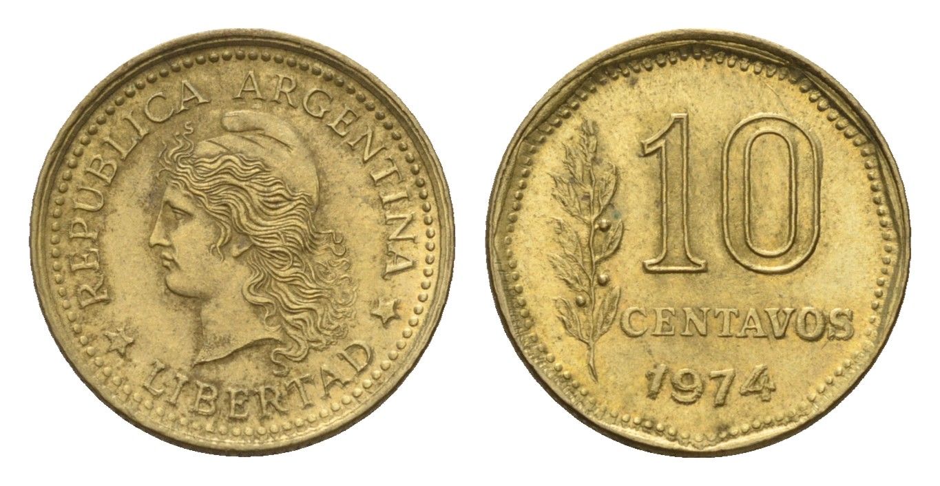 Аргентина 10 сентаво 1974 голова свободы влево KM 66, CJ 347, Schon 66 латунь 4702-525