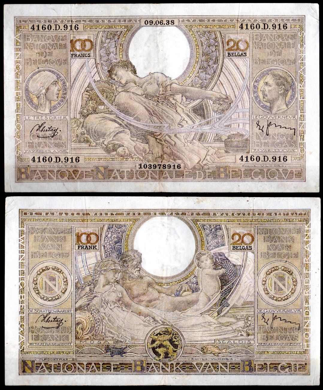 Бельгия 100 франков 1938 Pick 107 (3) бумага 7457-32-3-1