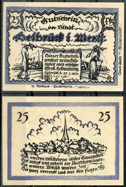 Германия, Дельбрюк 25 пфеннигов 1921 нотгельд, 27.1.1921 Grabowski 261.1 бумага UNC (пресс) 444-53-2-2
