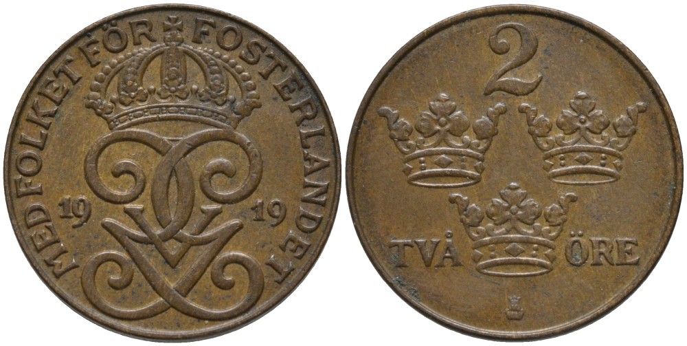 Швеция 2 эре 1919 Густав V (1907-1950) KM 778 бронза 63-1124