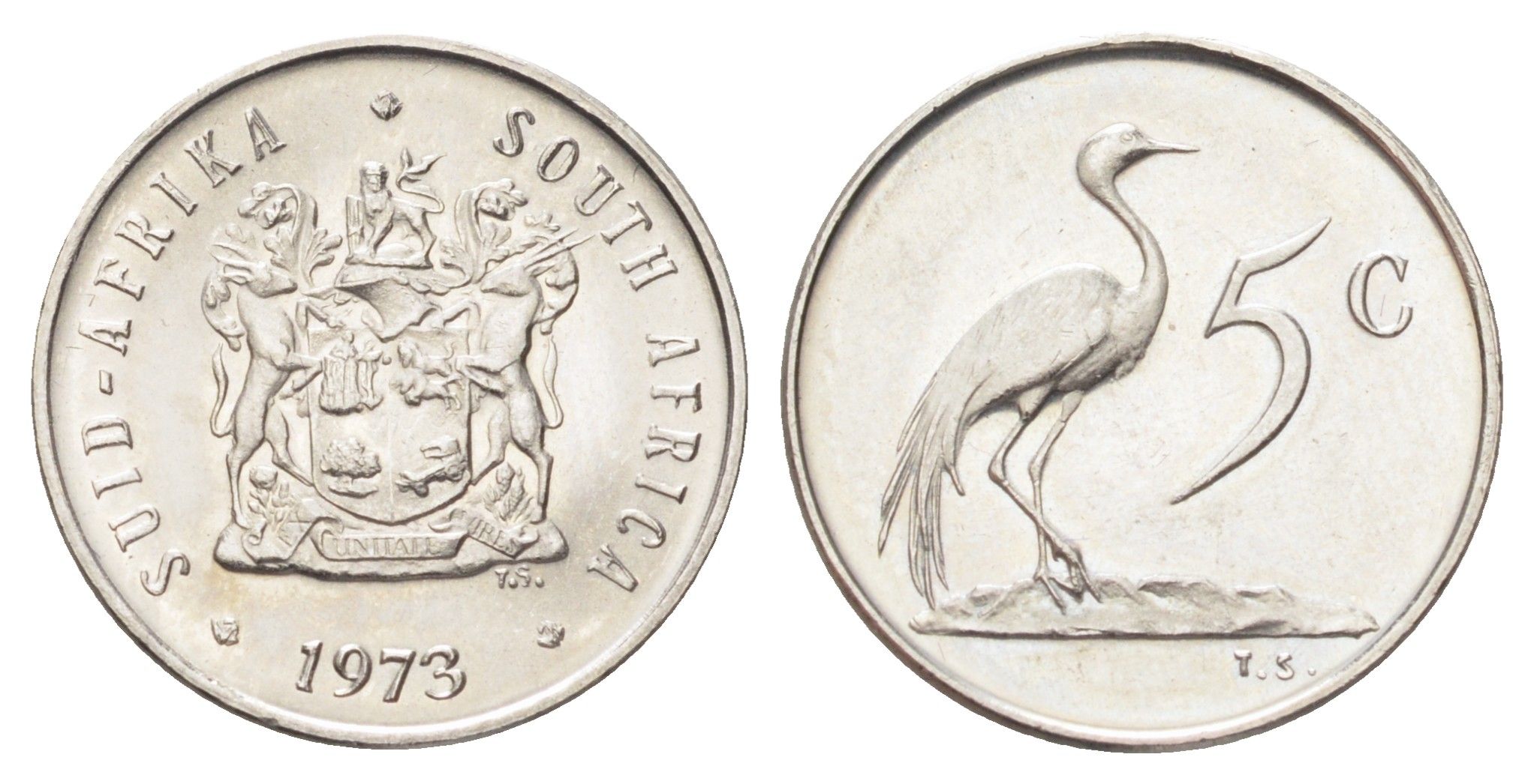 ЮАР 5 центов 1973 герб, райский журавль KM 84 никель UNC 4696-956