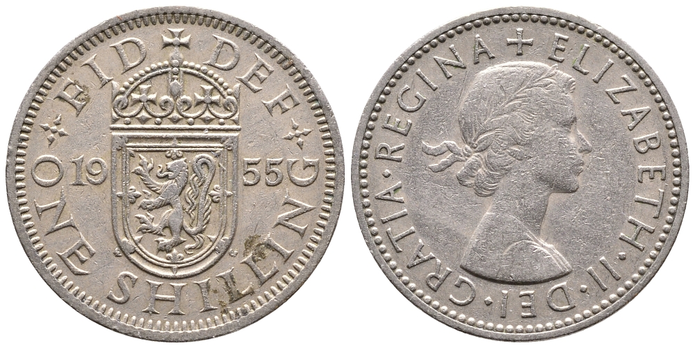 Великобритания 1 шиллинг 1955 Елизавета II (1952-2022), Шотландский герб KM 905, Spink 4148 медно-никель 86-856