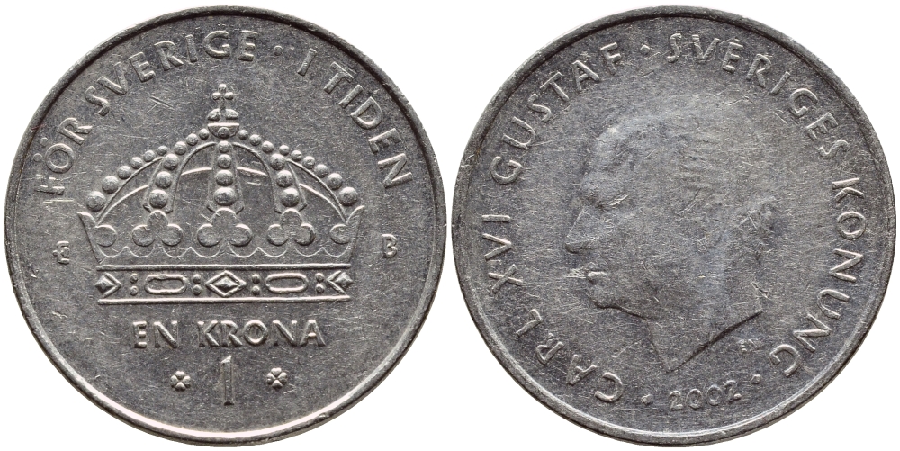 Швеция 1 крона 2002 Карл XVI Густав (1973- ) KM 894 медно-никель 4380-343