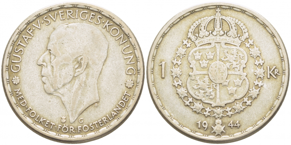 Швеция 1 крона 1944 G, Густав V (1907-1950) KM 814 серебро 175-1116