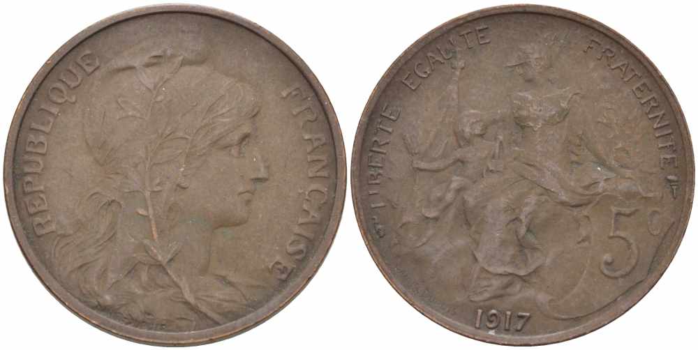 ФРАНЦИЯ 5 САНТИМОВ 1917 ТИП ДАНИЭЛЬ ДЮПЮИ KM 842, LE FRANC 119.30 бронза 108-1017