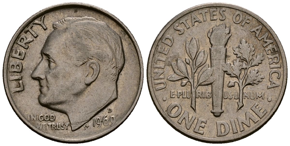 США 10 центов (дайм) 1969 Рузвельт, D KM 195a медь плакированная медно-никелем 4164-946