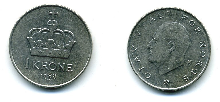 НОРВЕГИЯ 1 КРОНА 1988 ОЛАФ V KM 419 медно-никель 25-2241