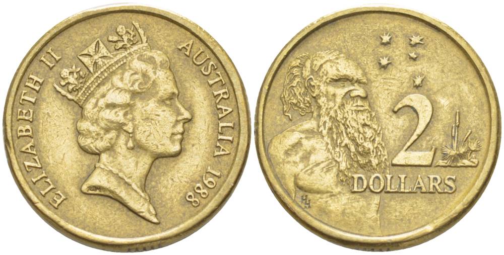 Австралия 2 доллара 1988 абориген, Елизавета II (1953-) KM 101 алюминиевая бронза 4544-226