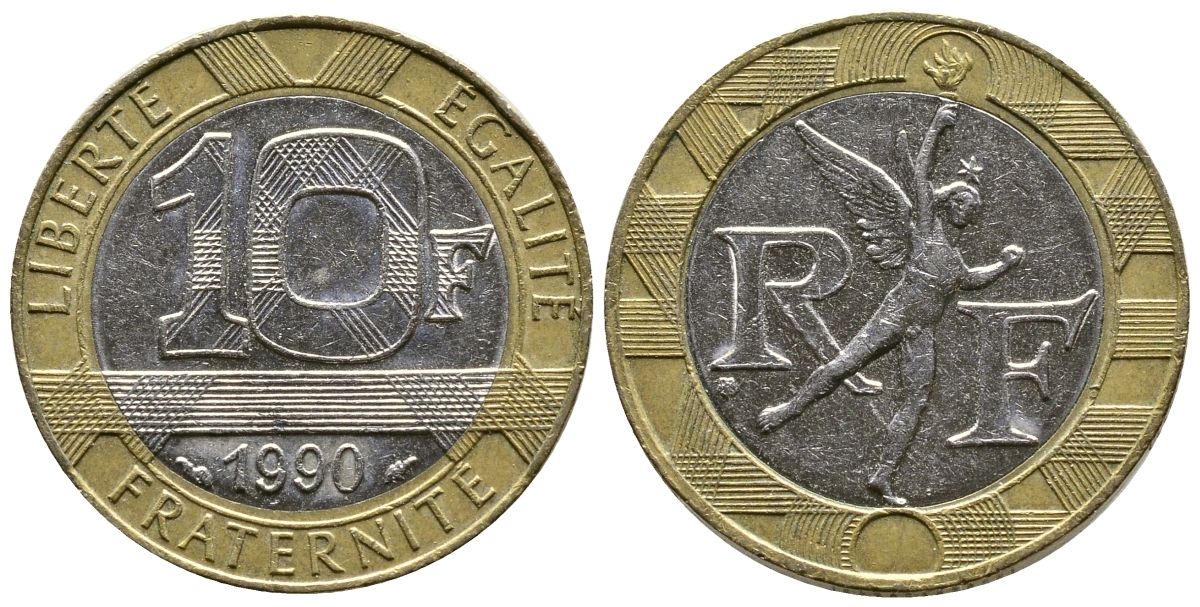 Франция 10 франков 1990 тип Гений Бастилии KM 964.1, Le Frank 375.5 биметалл 51-5146