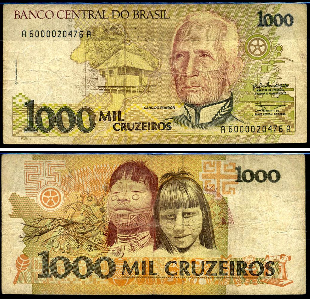 Бразилия 1000 крузейро ND (1990) серия A 6000, Кандиду Рондон Pick 231 a бумага 7148-20-1-2