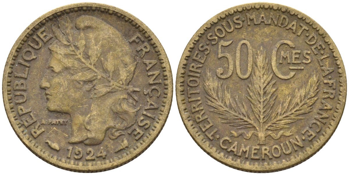 Французский Камерун 50 сантимов 1924 (а), монетный двор Париж KM 1 алюминиевая бронза 4164-1168