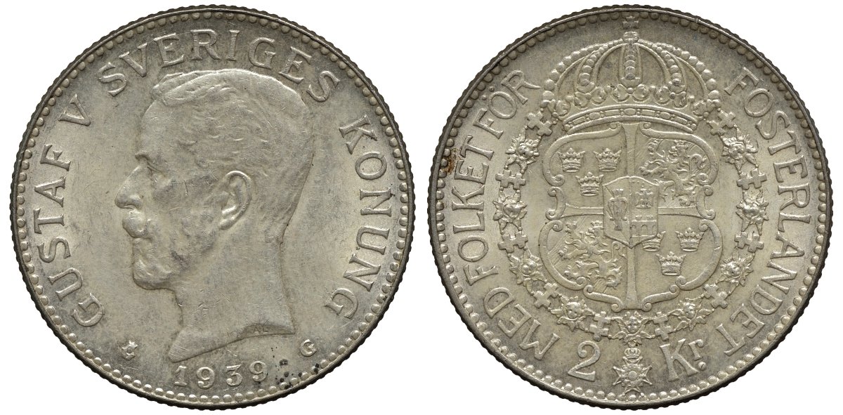 Швеция 2 кроны 1939 G, Густав V (1907-1950) KM 787 серебро 00-00