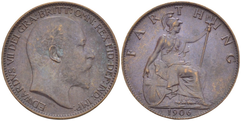 Великобритания 1 фартинг 1906 Эдуард VII (1901-1910), KM 792, Spink 3992 бронза 4543-955