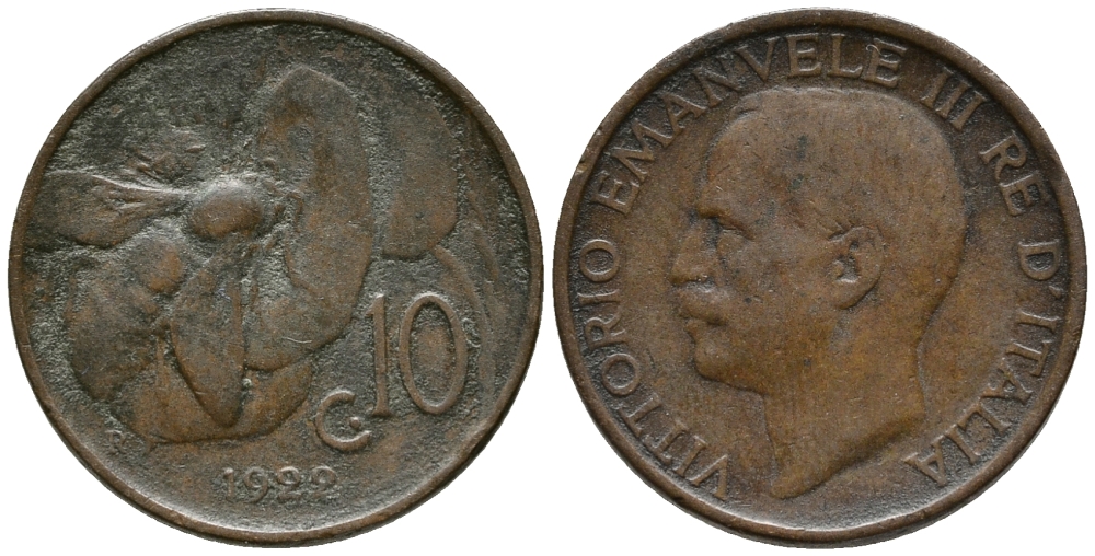 ИТАЛИЯ 10 ЧЕНТЕЗИМО 1922 R, ВИКТОРИО ЭМАНУИЛ III, ПЧЕЛА KM 60 медь 34-1225