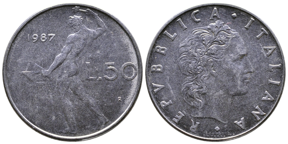 ИТАЛИЯ 50 ЛИР 1987 R, КУЗНЕЦ KM 95.1 сталь 3333-823