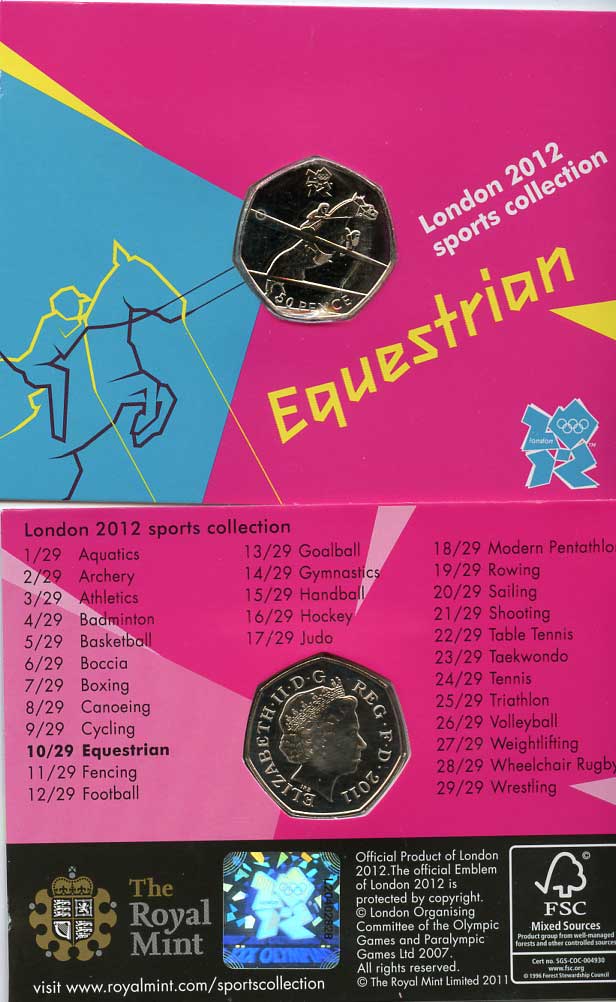 Великобритания 50 пенсов 2011 XXX летние Олимпийские игры в Лондоне в 2012 году, конный спорт, в оригинальном картонном буклете, с Олимпийской голограммой (10/29) KM 1176 медно-никель  UNC  3-6-6-11