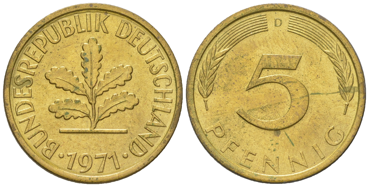 ФРГ 5 пфеннигов 1971 D KM 107, J. 382 сталь плакированная латунью 4164-528