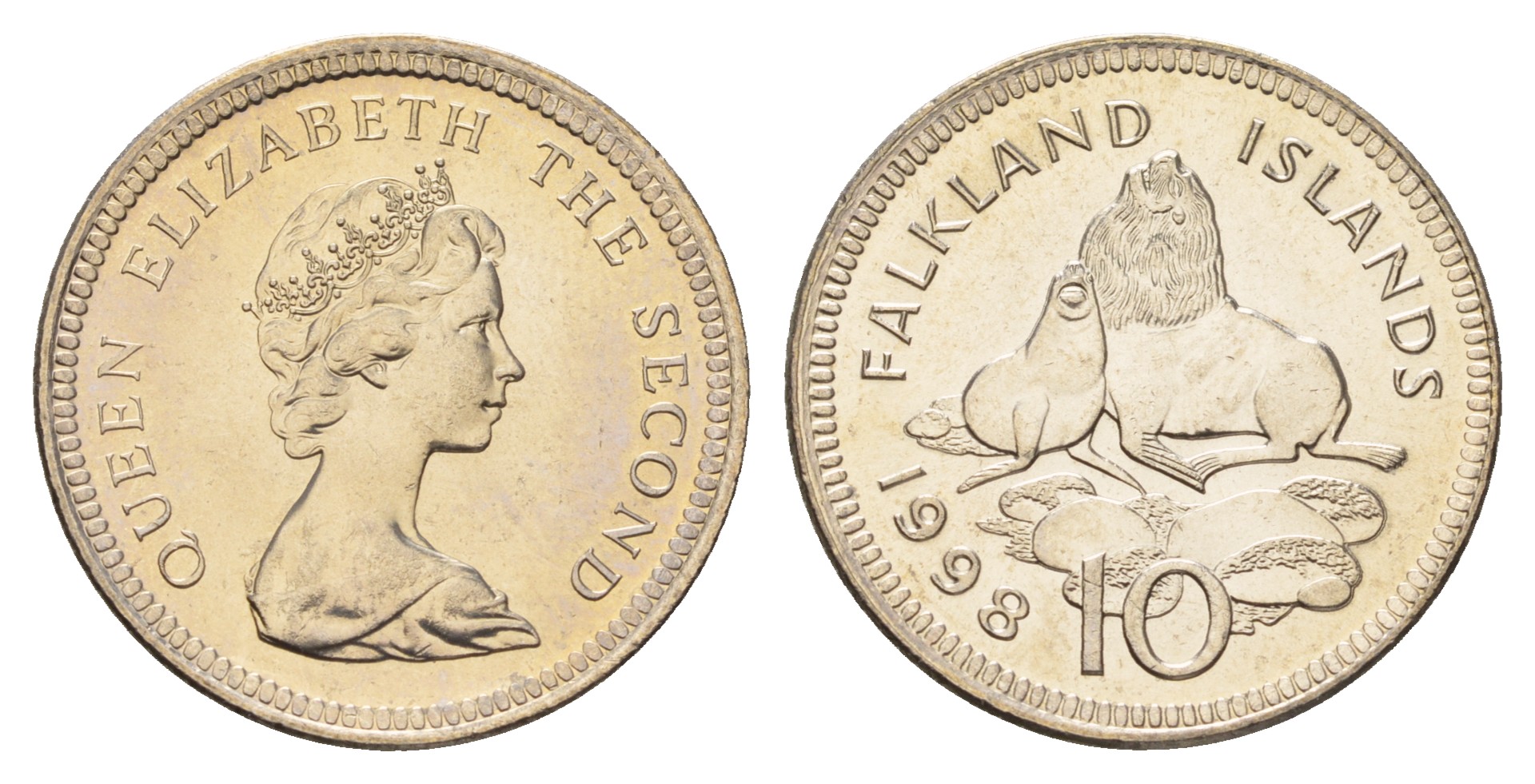 Фолклендские острова (Фолкленды) 10 пенсов 1998 Елизавета II (1952-2022), южные морские котики KM 5.2 медно-никель  UNC  4675-355