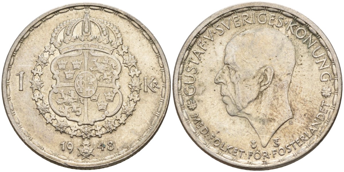 Швеция 1 крона 1948 TS, Густав V (1907-1950) KM 814 серебро 4148-1056