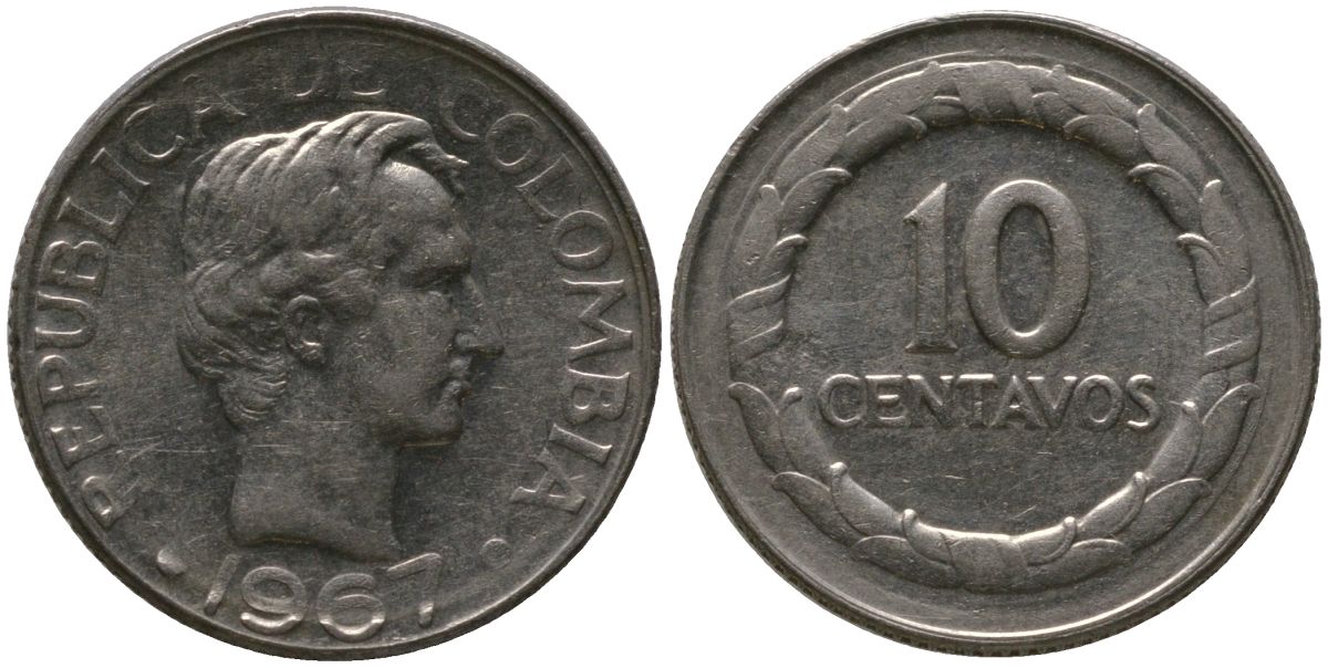 Колумбия 10 сентаво 1967 KM 226 сталь плакированная никелем 4576-1049