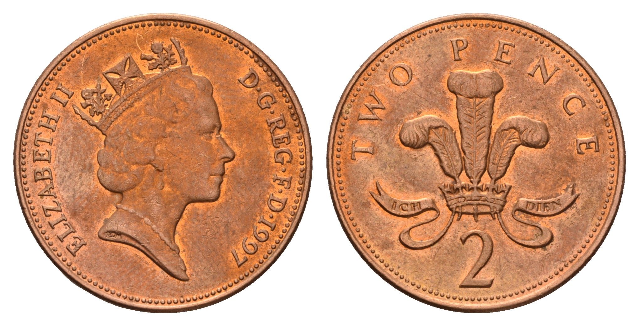 Великобритания 2 пенса 1997 Елизавета II (1952-2022) KM 936a, Spink 4376 (C4) сталь плакированная медью 186-541