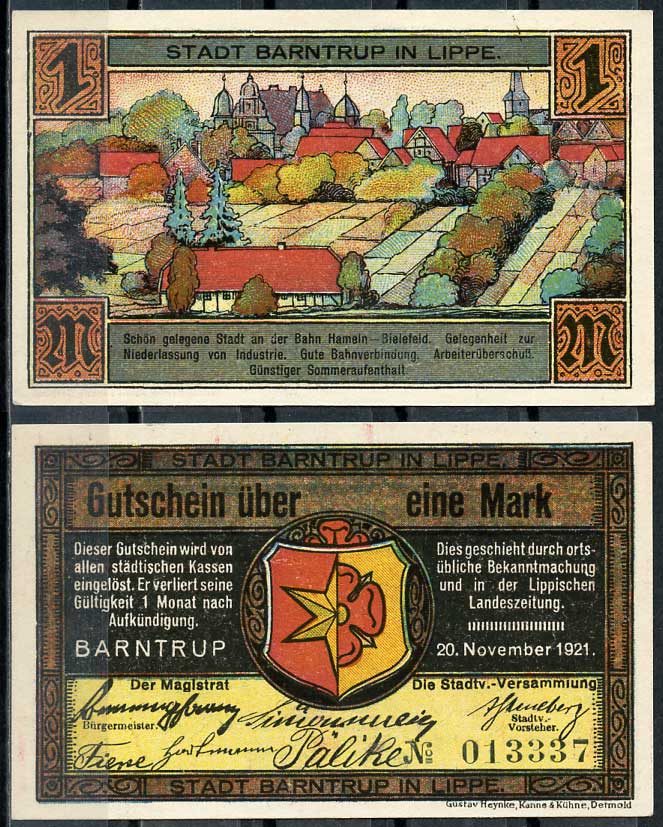 Германия, Барнтруп 1 марка 1921 нотгельд, наделы полей Grabowski 66.1 бумага UNC (пресс) 00-00