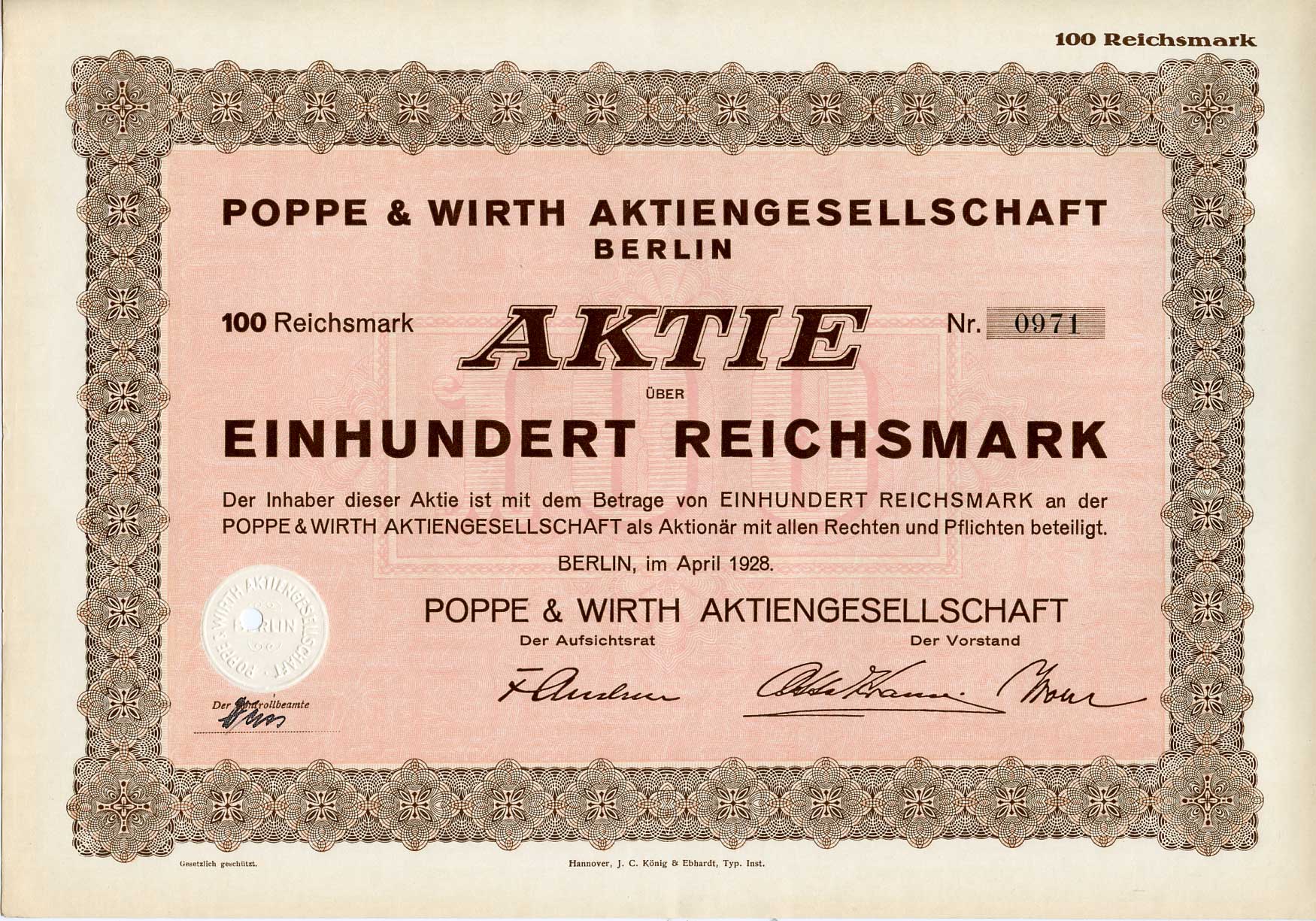 Германия 100 рейхсмарок 1928 Акционерное общество "Поппе и Вирт", Берлин, акция   бумага   8803-63-1