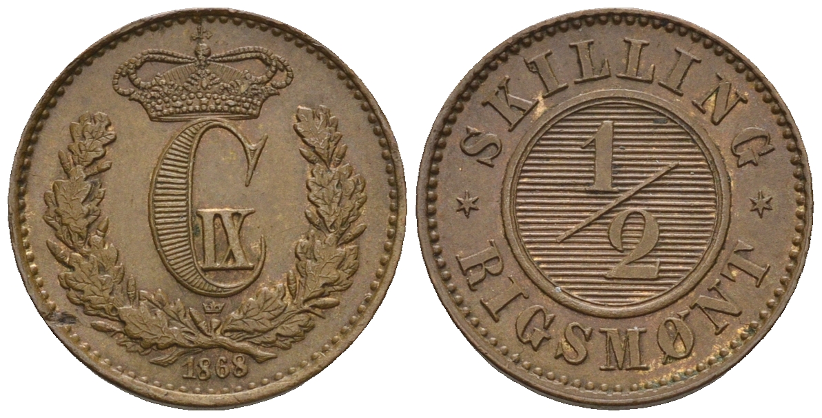 Дания 1/2 скиллинга ригсмонт 1868 Кристиан IX (1863-1906) KM 776 медь 00-00