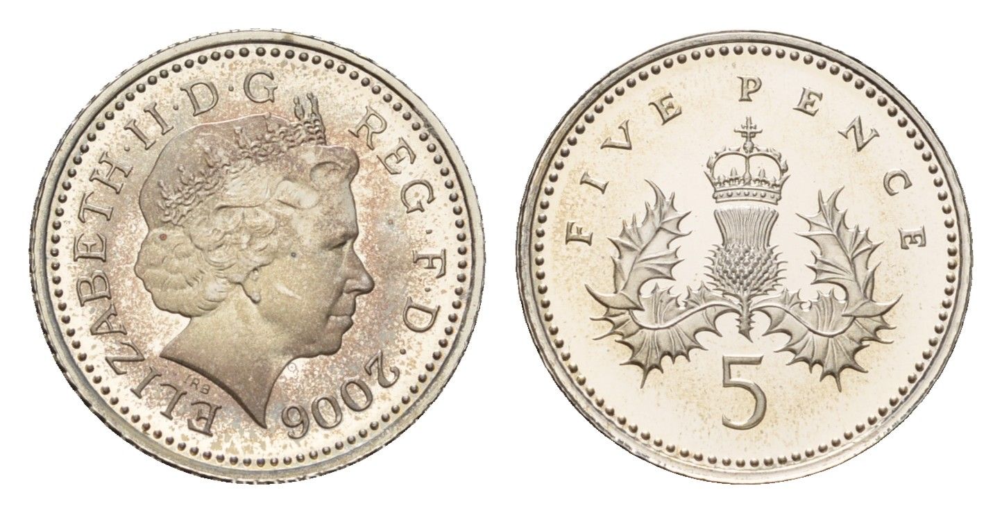 Великобритания 5 пенсов 2006 Елизавета II (1952-2022), тираж 8.000 экземпляров KM 988a, Spink D5 серебро PROOF 1095-8-53