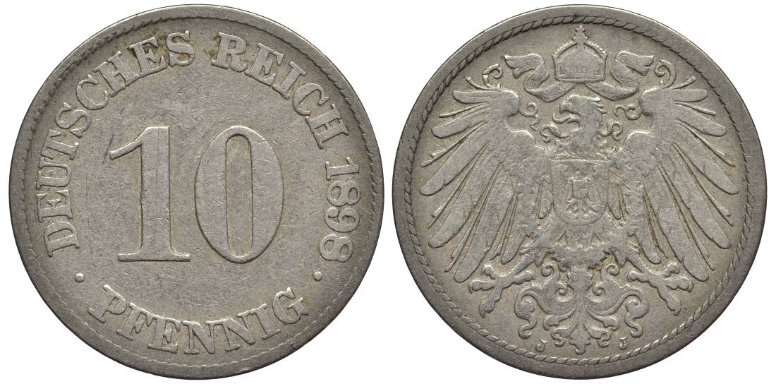 Германия 10 пфеннигов 1899 J KM 12, Jager 13, Weege 8 медно-никель 219-324
