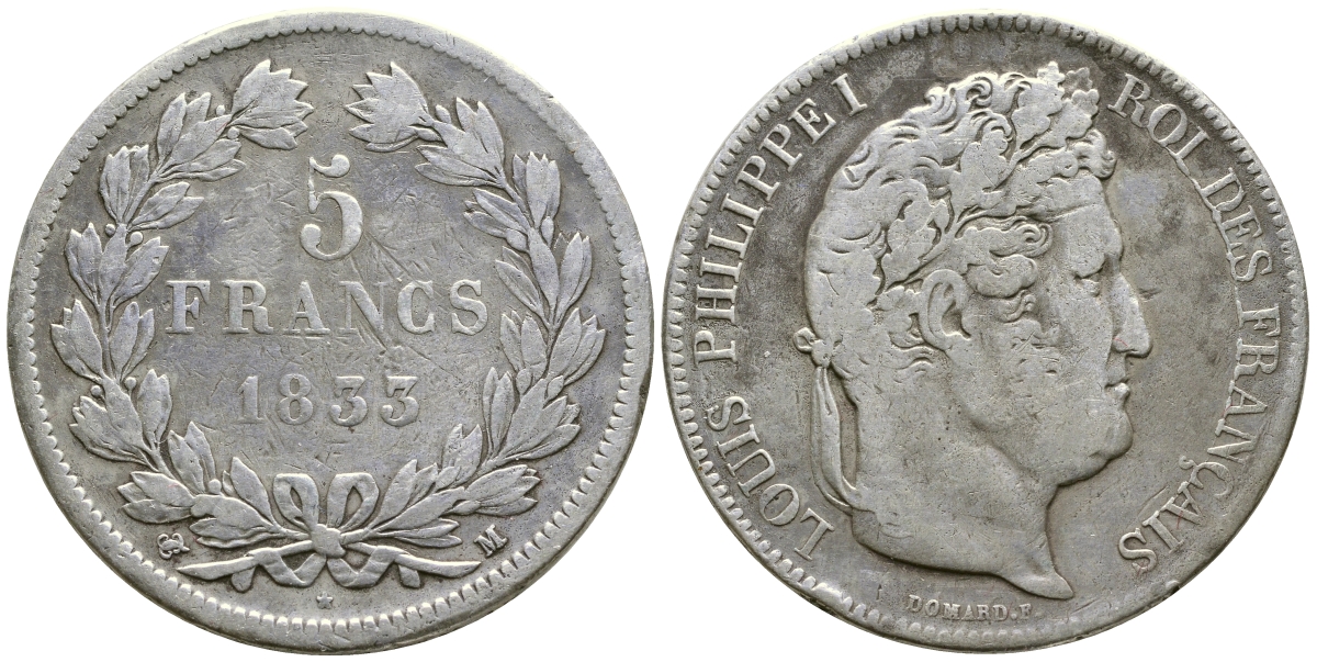 Франция 5 франков 1833 M, Луи Филипп I (1830-1848) KM 749.9 серебро 1066-6-33