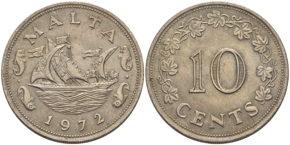 Мальта 10 центов 1972 баржа Великого магистра KM 11 медно-никель 82-612