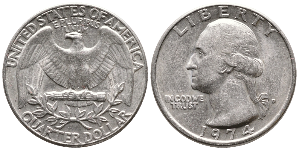 США 25 центов (квотер) 1974 Вашингтон KM 164a медь плакированная медно-никелем 4364-524