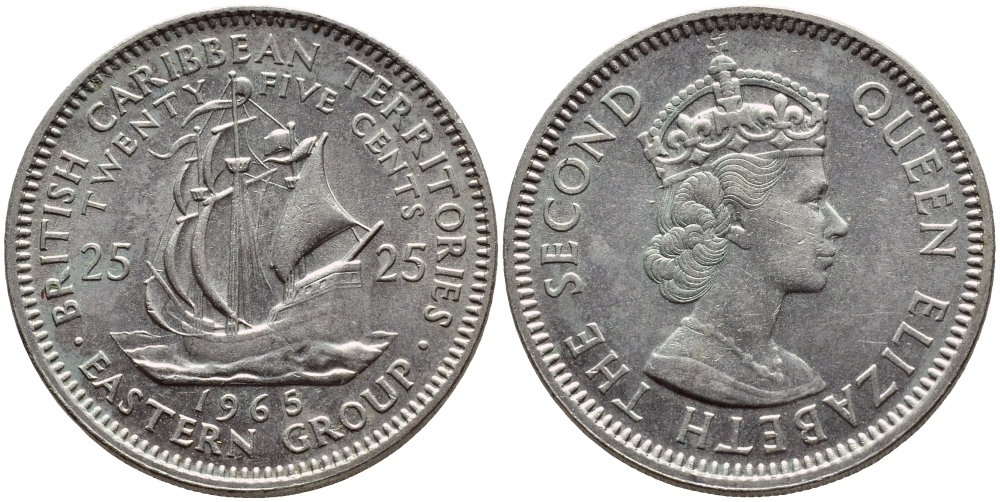 Британские Восточно-Карибские территории 25 центов 1965 Елизавета II (1952-2022), парусник KM 6 медно-никель 4379-1444