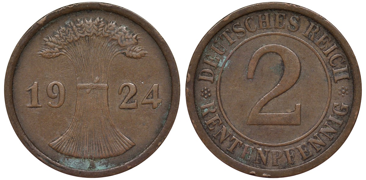 Германия 2 рентенпфеннига 1924 A KM 31, J.307 бронза 4164-442