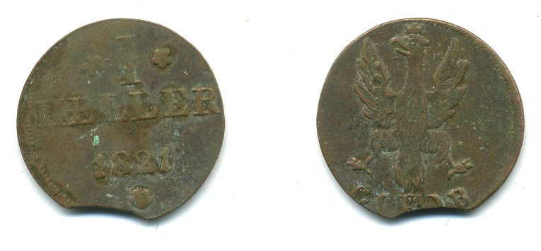 Франкфурт 1 геллер 1821 GB AKS 30, Jaeger 10, KM 301 медь 54-625