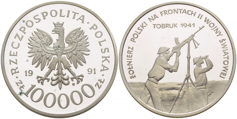 Польша 100000 злотых 1991 поляки на фронтах II-ой мировой войны, битва при Тобруке 1942 KM 238 серебро PROOF 1068-6-53
