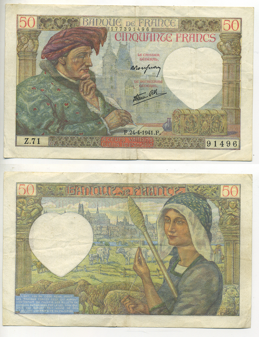 ФРАНЦИЯ 50 ФРАНКОВ 1941 24 АПРЕЛЯ 1941, ЖАК КЁР, ФРАНЦУЗМКИЙ ПРОМЫШЛЕННИК Pick 93 бумага 7553-41-3