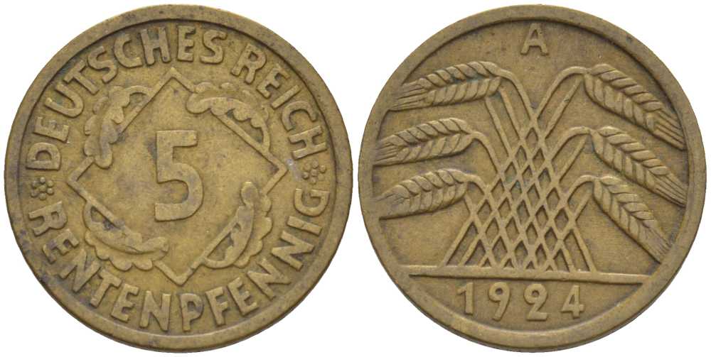 ГЕРМАНИЯ 5 РЕНТЕНПФЕННИГОВ 1924 A KM 32, J. 308, Weege 6 алюминиевая бронза 211-546