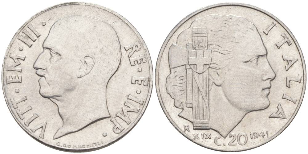 ИТАЛИЯ 20 ЧЕНТЕЗИМО 1941 R, ГОД XIX, ВИКТОР ЭММАНУИЛ III (1900-1946) KM 75b, VEM3. 1028 нержавеющая сталь 3853-654