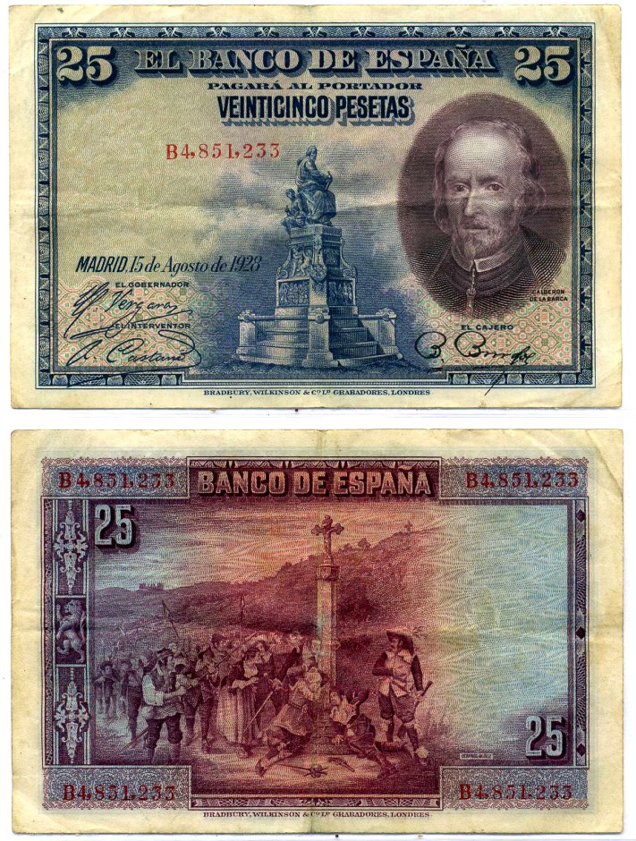Испания 25 песет 1928 Педро Кальдерон де ля Барка, серия В4 Pick 74b бумага 8564-9-3-2