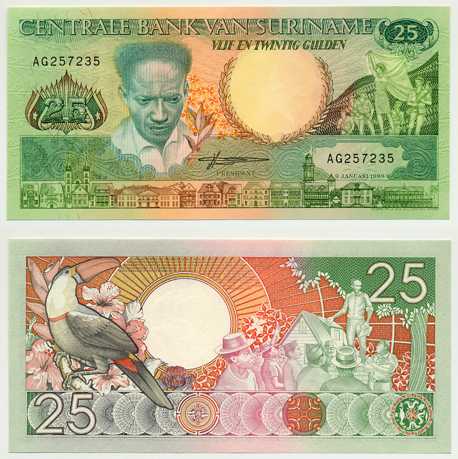 Суринам 25 гульденов 1988 Антон де Ком, тукан на ветке Pick 132 b бумага UNC (пресс) 7485-43-3